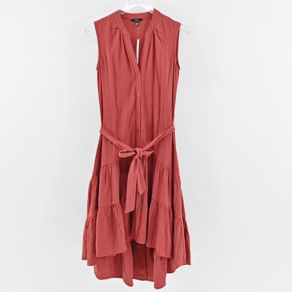 DREW Dress Sz XS Burnt Orange Cotton Tier Ruffle Amber Belt Button ANTHROPOLOGIE - Picture 2 of 13